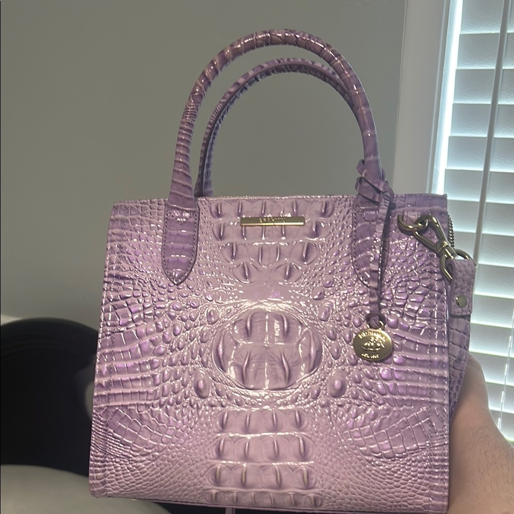Brahmin Purple Crocodile Embossed Satchel with Gold Hardware